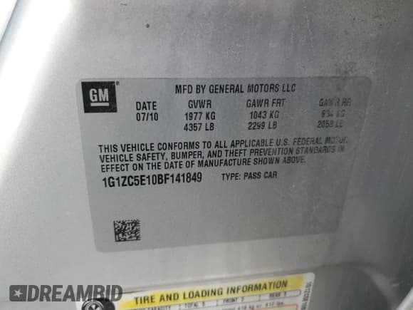 ✅ 2011 Chevrolet Malibu 1LT • VIN: 1G1ZC5E10BF141849 • Lot: 91863645. Listed on Copart with 184,891 mi. Free auction sales archive from the USA and detailed vehicle history report at DreamBid. Image 12.