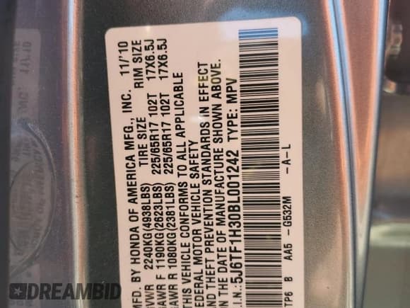 ✅ 2011 Honda Crosstour EX • VIN: 5J6TF1H30BL001242 • Lot: 69824075. Wystawiony na Copart z przebiegiem 201 820 mil. Bezpłatny archiwum sprzedaży aukcyjnych z USA i szczegółowy raport historii pojazdu na DreamBid. Zdjęcie 12.