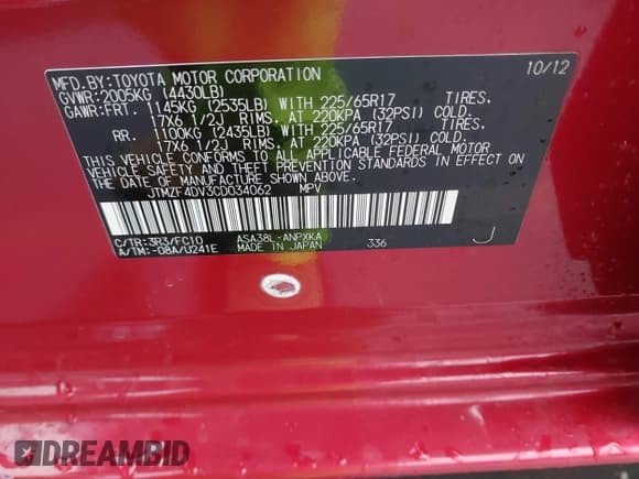 ✅ 2012 Toyota RAV4 • VIN: JTMZF4DV3CD034062 • Lot: 43677460. Listed on IAAI with 112,822 mi. Free auction sales archive from the USA and detailed vehicle history report at DreamBid. Image 9.