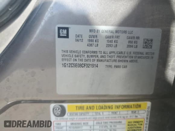 ✅ 2012 Chevrolet Malibu 1LT • VIN: 1G1ZC5E08CF321914 • Lot: 72000244. Listed on Copart with 138,369 mi. Free auction sales archive from the USA and detailed vehicle history report at DreamBid. Image 13.