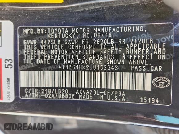 ✅ 2018 Toyota Camry XSE • VIN: 4T1B61HK2JU153343 • Lot: 85544815. Listed on Copart with 102,092 mi. Free auction sales archive from the USA and detailed vehicle history report at DreamBid. Image 13.