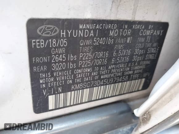 2005 Hyundai Santa Fe GLS with VIN KM8SC73D45U979458, listed as a IAAI auction lot 41667932 with 221,882 mi miles and . Bid and sale history available at DreamBid. Image 9.