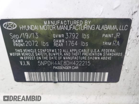 ✅ 2013 Hyundai Elantra GLS • VIN: 5NPDH4AE8DH422215 • Lot: 43422556. Listed on IAAI with 105,201 mi. Free auction sales archive from the USA and detailed vehicle history report at DreamBid. Image 9.