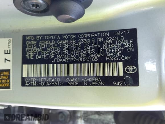 ✅ 2017 Toyota Prius Premium • VIN: JTDKARFP7H3023185 • Lot: 43860077. Listed on IAAI with 137,603 mi. Free auction sales archive from the USA and detailed vehicle history report at DreamBid. Image 9.