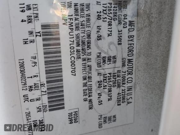 ✅ 2003 Ford Expedition Eddie Bauer • VIN: 1FMPU17L03LC00707 • Лот: 90081095. Опубликован ранее на Copart с пробегом 266 472 миль. Бесплатный доступ к архиву аукционных продаж из США и подробный отчёт об истории автомобиля на DreamBid. Изображение 13.