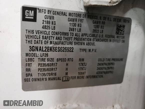 2014 Chevrolet Captiva Sport LS with VIN 3GNAL2EK6ES626922, listed as a Copart auction lot 53092604 with 100,690 mi miles and Non repairable. Bid and sale history available at DreamBid. Image 14.