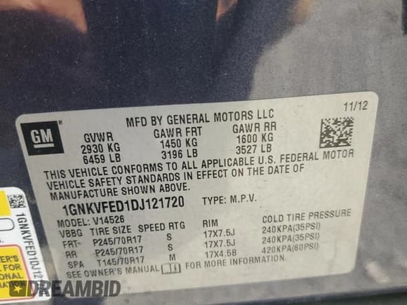 ✅ 2013 Chevrolet Traverse LS • VIN: 1GNKVFED1DJ121720 • Lot: 66771545. Listed on Copart with 177,747 mi. Free auction sales archive from the USA and detailed vehicle history report at DreamBid. Image 13.