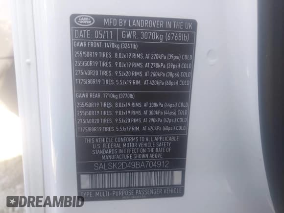 ✅ 2011 Land Rover Range Rover Sport HSE Lux • VIN: SALSK2D49BA704912 • Lot: 42583257. Listed on IAAI with 129,948 mi. Free auction sales archive from the USA and detailed vehicle history report at DreamBid. Image 9.