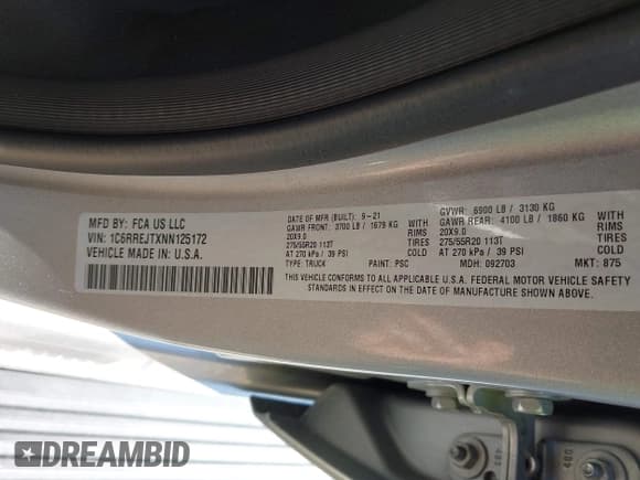 ✅ 2022 Ram 1500 Laramie • VIN: 1C6RREJTXNN125172 • Lot: 43329494. Listed on IAAI with 126,637 mi. Free auction sales archive from the USA and detailed vehicle history report at DreamBid. Image 9.