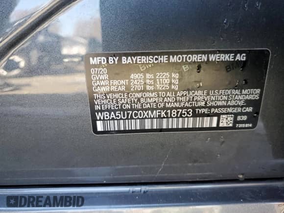 2021 BMW 3 Series M340i with VIN WBA5U7C0XMFK18753, listed as a Copart auction lot 43078113 with Not provided miles and . Bid and sale history available at DreamBid. Image 14.