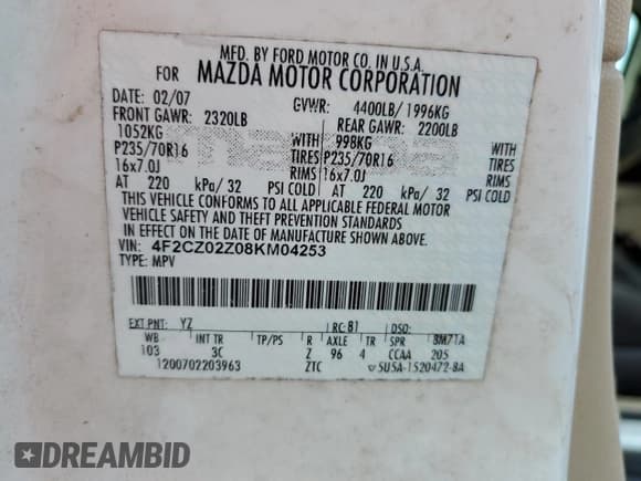 ✅ 2008 Mazda Tribute Sport • VIN: 4F2CZ02Z08KM04253 • Lot: 76933514. Wystawiony na Copart z przebiegiem 204 411 mil. Bezpłatny archiwum sprzedaży aukcyjnych z USA i szczegółowy raport historii pojazdu na DreamBid. Zdjęcie 14.