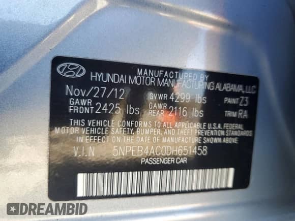 2013 Hyundai Sonata GLS z VIN 5NPEB4AC0DH651458, wystawiony jako Copart lot #86466805 z przebiegiem 107 113 mil mil oraz Szkoda całkowita • Salvage title. Historia ofert i sprzedaży dostępna na DreamBid. Obrazek 12.