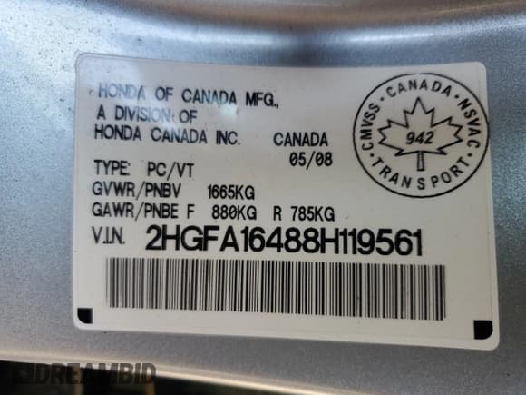 ✅ 2008 Honda Civic DX-G • VIN: 2HGFA16488H119561 • Лот: 69790995. Опубликован ранее на Copart с пробегом 131 545 миль. Бесплатный доступ к архиву аукционных продаж из США и подробный отчёт об истории автомобиля на DreamBid. Изображение 12.
