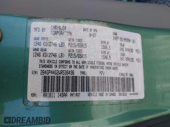 ✅ 1998 Dodge Caravan SE • VIN: 2B4GP44G2WR536436 • Lot: 43249405. Listed on IAAI with 229,731 mi. Free auction sales archive from the USA and detailed vehicle history report at DreamBid. Image 9.