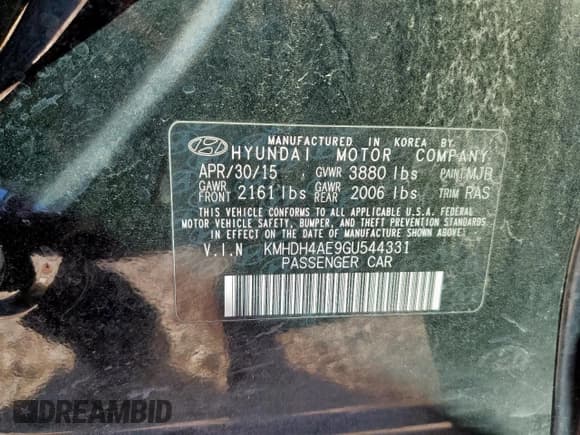 ✅ 2016 Hyundai Elantra SE • VIN: KMHDH4AE9GU544331 • Lot: 90645835. Listed on Copart with 120,376 mi. Free auction sales archive from the USA and detailed vehicle history report at DreamBid. Image 13.