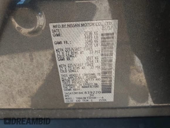 ✅ 2017 Nissan Rogue S • VIN: 5N1AT2MT8HC839220 • Lot: 43158170. Listed on IAAI with 65,009 mi. Free auction sales archive from the USA and detailed vehicle history report at DreamBid. Image 9.