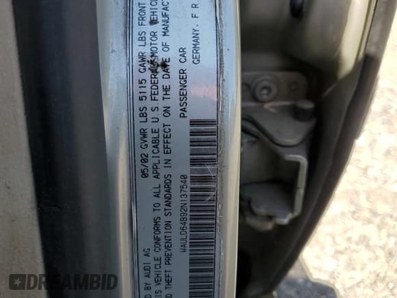 ✅ 2002 Audi A6 • VIN: WAULD64B92N137540 • Lot: 69973665. Listed on Copart with 130,225 mi. Free auction sales archive from the USA and detailed vehicle history report at DreamBid. Image 13.