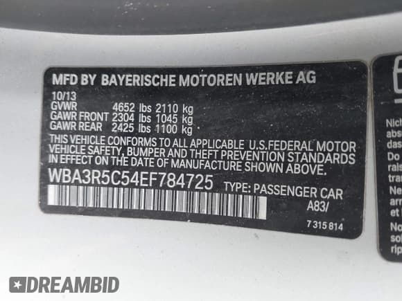 ✅ 2014 BMW 4 Series 435i xDrive • VIN: WBA3R5C54EF784725 • Lot: 42291673. Listed on IAAI with 107,124 mi. Free auction sales archive from the USA and detailed vehicle history report at DreamBid. Image 9.