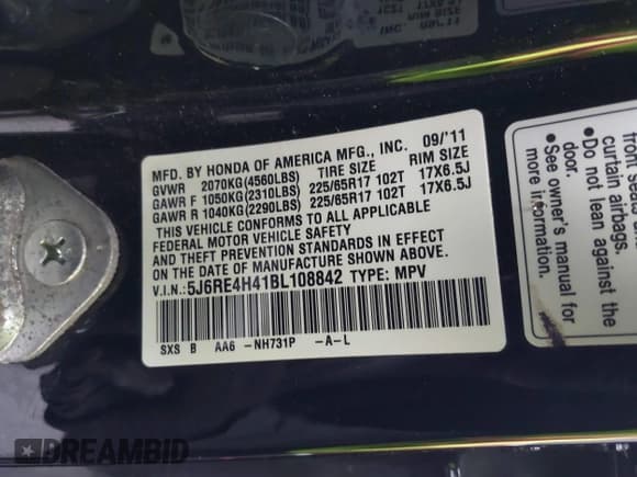 ✅ 2011 Honda CR-V SE • VIN: 5J6RE4H41BL108842 • Lot: 43734784. Listed on IAAI with 94,264 mi. Free auction sales archive from the USA and detailed vehicle history report at DreamBid. Image 9.