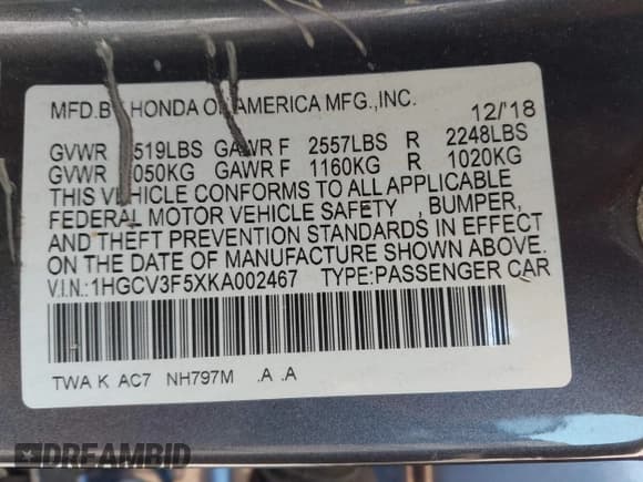 ✅ 2019 Honda Accord EX-L • VIN: 1HGCV3F5XKA002467 • Лот: 43441048. Опубликован ранее на IAAI с пробегом Не указан. Бесплатный доступ к архиву аукционных продаж из США и подробный отчёт об истории автомобиля на DreamBid. Изображение 9.