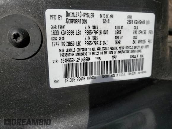 ✅ 2002 Dodge Durango SLT Plus • VIN: 1B4HS58N12F145684 • Lot: 51231225. Listed on Copart with 272,161 mi. Free auction sales archive from the USA and detailed vehicle history report at DreamBid. Image 15.