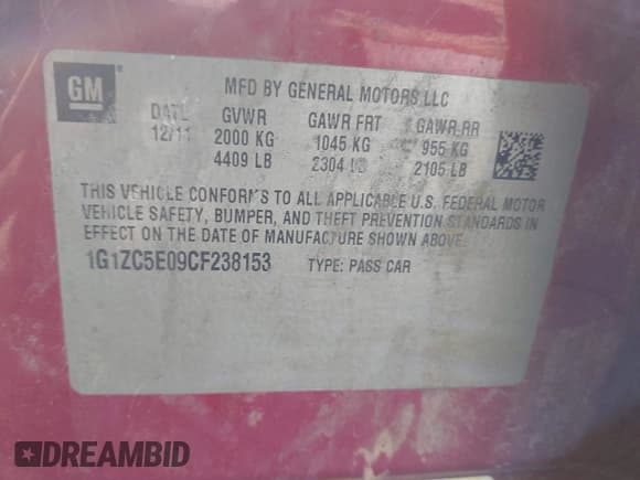 ✅ 2012 Chevrolet Malibu 1LT • VIN: 1G1ZC5E09CF238153 • Lot: 43586193. Listed on IAAI with 188,234 mi. Free auction sales archive from the USA and detailed vehicle history report at DreamBid. Image 9.