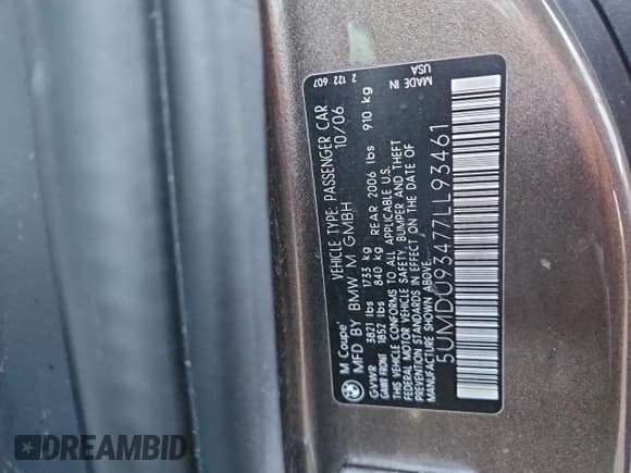 ✅ 2007 BMW Z3 • VIN: 5UMDU93477LL93461 • Лот: 92423975. Опубликован ранее на Copart с пробегом 50 269 миль. Бесплатный доступ к архиву аукционных продаж из США и подробный отчёт об истории автомобиля на DreamBid. Изображение 13.