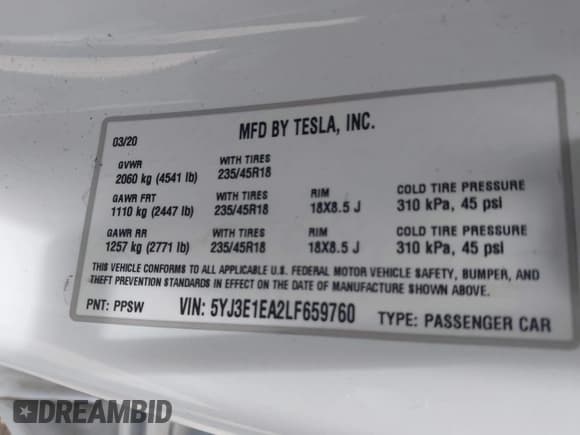 ✅ 2020 Tesla Model 3 Standard Range Plus • VIN: 5YJ3E1EA2LF659760 • Лот: 42411367. Опубликован ранее на IAAI с пробегом 31 790 миль. Бесплатный доступ к архиву аукционных продаж из США и подробный отчёт об истории автомобиля на DreamBid. Изображение 9.