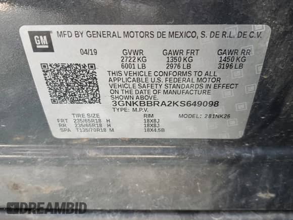 2019 Chevrolet Blazer with VIN 3GNKBBRA2KS649098, listed as a Copart auction lot 55813104 with 89,866 mi miles and . Bid and sale history available at DreamBid. Image 14.