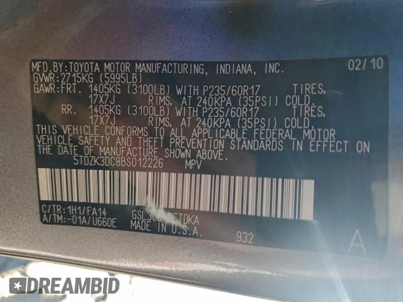 ✅ 2011 Toyota Sienna • VIN: 5TDZK3DC8BS012226 • Лот: 93187155. Опубликован ранее на Copart с пробегом 168 659 миль. Бесплатный доступ к архиву аукционных продаж из США и подробный отчёт об истории автомобиля на DreamBid. Изображение 14.