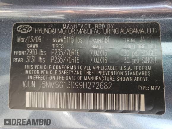 ✅ 2009 Hyundai Santa Fe GLS • VIN: 5NMSG13D99H272682 • Лот: 56859974. Размещён на Copart с пробегом 157 640 миль миль. Получите бесплатный доступ к архиву аукционных продаж из США и посмотрите подробный отчёт об истории автомобиля на DreamBid. Изображение 16.