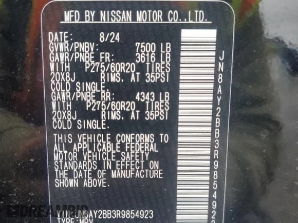 ✅ 2024 Nissan Armada SL • VIN: JN8AY2BB3R9854923 • Лот: 51840685. Опубликован ранее на Copart с пробегом 3 467 миль. Бесплатный доступ к архиву аукционных продаж из США и подробный отчёт об истории автомобиля на DreamBid. Изображение 14.