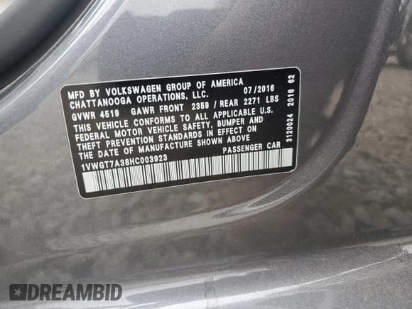 ✅ 2017 Volkswagen Passat SE • VIN: 1VWGT7A38HC003923 • Lot: 90938205. Listed on Copart with 69,753 mi. Free auction sales archive from the USA and detailed vehicle history report at DreamBid. Image 12.