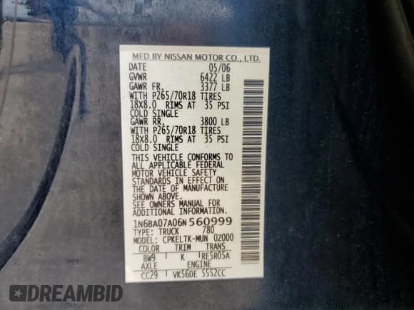 ✅ 2006 Nissan Titan LE • VIN: 1N6BA07A06N560999 • Lot: 89708395. Wystawiony na Copart z przebiegiem 204 427 mil. Bezpłatny archiwum sprzedaży aukcyjnych z USA i szczegółowy raport historii pojazdu na DreamBid. Zdjęcie 12.