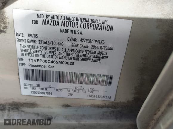 ✅ 2006 Mazda 6 i • VIN: 1YVFP80C465M09025 • Lot: 43630340. Wystawiony na IAAI z przebiegiem Nie podano. Bezpłatny archiwum sprzedaży aukcyjnych z USA i szczegółowy raport historii pojazdu na DreamBid. Zdjęcie 9.