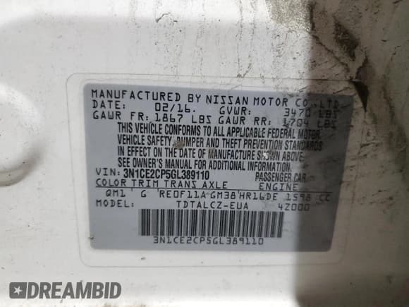 ✅ 2016 Nissan Note S • VIN: 3N1CE2CP5GL389110 • Lot: 90102755. Listed on Copart with 179,968 mi. Free auction sales archive from the USA and detailed vehicle history report at DreamBid. Image 12.