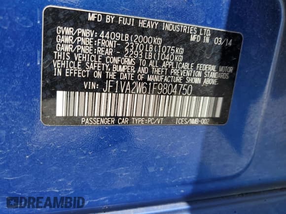 ✅ 2015 Subaru WRX STI Launch • VIN: JF1VA2W61F9804750 • Lot: 51787444. Listed on Copart with 106,131 mi. Free auction sales archive from the USA and detailed vehicle history report at DreamBid. Image 14.