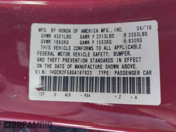✅ 2016 Honda Accord Sport • VIN: 1HGCR2F58GA187933 • Lot: 43641017. Wystawiony na IAAI z przebiegiem 202 414 mil. Bezpłatny archiwum sprzedaży aukcyjnych z USA i szczegółowy raport historii pojazdu na DreamBid. Zdjęcie 9.
