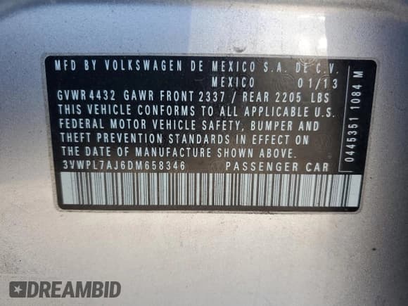 ✅ 2013 Volkswagen Jetta TDI w/Sunroof & Nav • VIN: 3VWPL7AJ6DM658346 • Lot: 58975065. Listed on Copart with 104,290 mi. Free auction sales archive from the USA and detailed vehicle history report at DreamBid. Image 14.