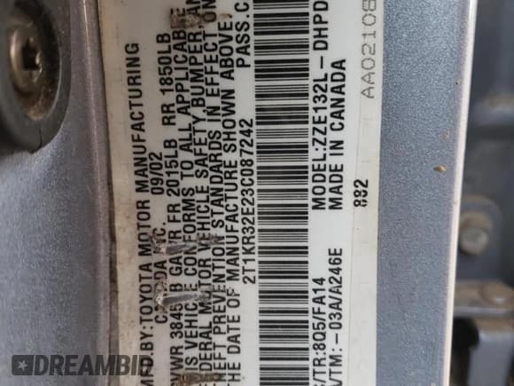 ✅ 2003 Toyota Matrix XR • VIN: 2T1KR32E23C087242 • Lot: 65115035. Listed on Copart with 299,999 mi. Free auction sales archive from the USA and detailed vehicle history report at DreamBid. Image 12.