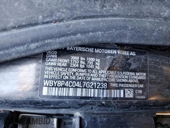 ✅ 2020 BMW i3 • VIN: WBY8P4C04L7G21238 • Lot: 43124375. Listed on Copart with Not provided. Free auction sales archive from the USA and detailed vehicle history report at DreamBid. Image 12.