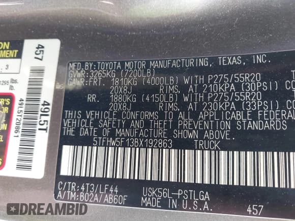 ✅ 2011 Toyota Tundra Limited • VIN: 5TFHW5F13BX192863 • Lot: 42060262. Listed on IAAI with 237,182 mi. Free auction sales archive from the USA and detailed vehicle history report at DreamBid. Image 9.