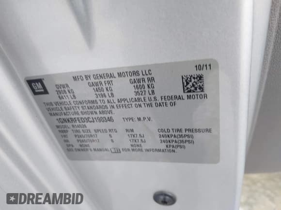 ✅ 2012 Chevrolet Traverse LS • VIN: 1GNKRFED3CJ190346 • Lot: 43325034. Wystawiony na IAAI z przebiegiem 227 731 mil. Bezpłatny archiwum sprzedaży aukcyjnych z USA i szczegółowy raport historii pojazdu na DreamBid. Zdjęcie 9.