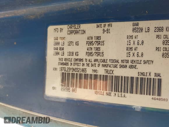 1992 Dodge Dakota with VIN 1B7GL23Y3NS521065, listed as a IAAI auction lot 41735342 with 197,032 mi miles and . Bid and sale history available at DreamBid. Image 9.