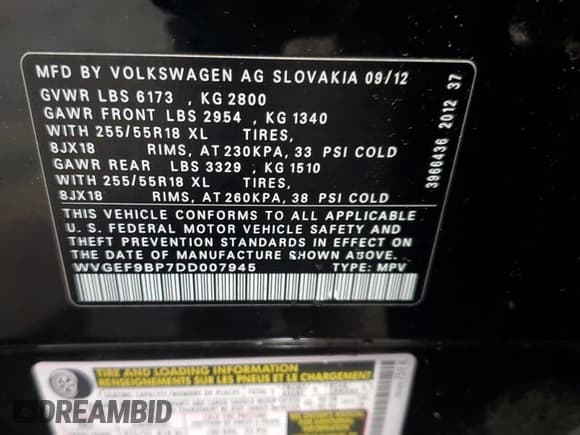 ✅ 2013 Volkswagen Touareg Lux • VIN: WVGEF9BP7DD007945 • Lot: 65758255. Listed on Copart with 90,086 mi. Free auction sales archive from the USA and detailed vehicle history report at DreamBid. Image 13.