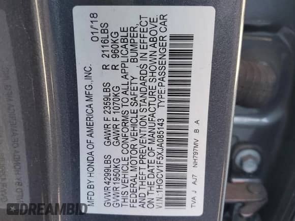 2018 Honda Accord EX-L z VIN 1HGCV1F5XJA085143, wystawiony jako Copart lot #89855015 z przebiegiem 61 704 mil mil oraz Szkoda całkowita • Salvage title. Historia ofert i sprzedaży dostępna na DreamBid. Obrazek 12.