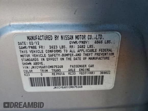 ✅ 2012 Infiniti G37 x • VIN: JN1CV6AR1CM975248 • Lot: 95696745. Listed on Copart with 162,528 mi. Free auction sales archive from the USA and detailed vehicle history report at DreamBid. Image 12.