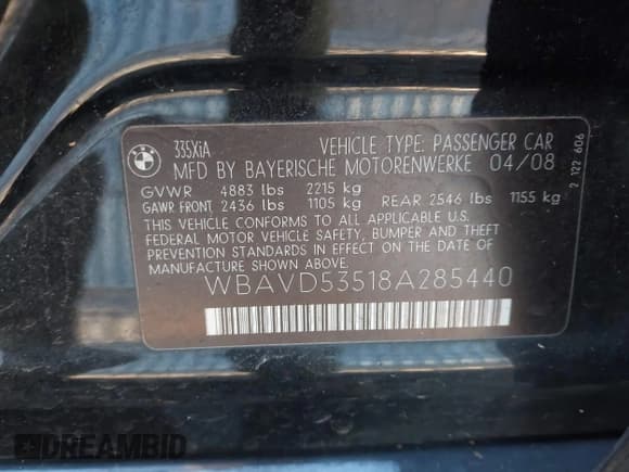 ✅ 2008 BMW 3 Series 335xi • VIN: WBAVD53518A285440 • Lot: 43722167. Listed on IAAI with 120,756 mi. Free auction sales archive from the USA and detailed vehicle history report at DreamBid. Image 9.