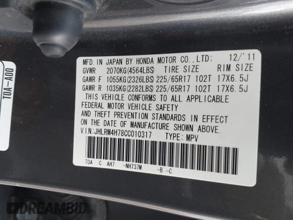 ✅ 2012 Honda CR-V EX-L • VIN: JHLRM4H78CC010317 • Lot: 43397598. Listed on IAAI with 135,505 mi. Free auction sales archive from the USA and detailed vehicle history report at DreamBid. Image 9.