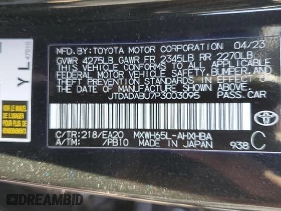 ✅ 2023 Toyota Prius LE • VIN: JTDADABU7P3003095 • Lot: 80061193. Listed on Copart with 13,967 mi. Free auction sales archive from the USA and detailed vehicle history report at DreamBid. Image 12.